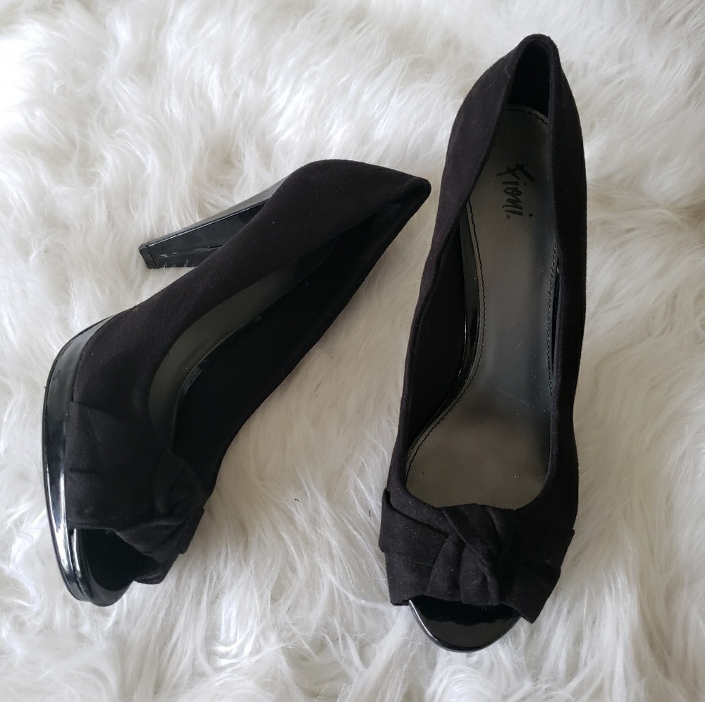 Fioni Black Suede Open Toe Heels with Black Bow